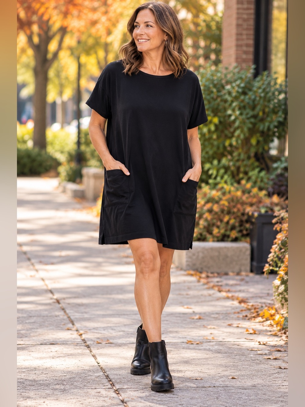 Eileen Fisher Dress XL Black Cotton Stretch Jersey Shift Tunic Patch Pockets